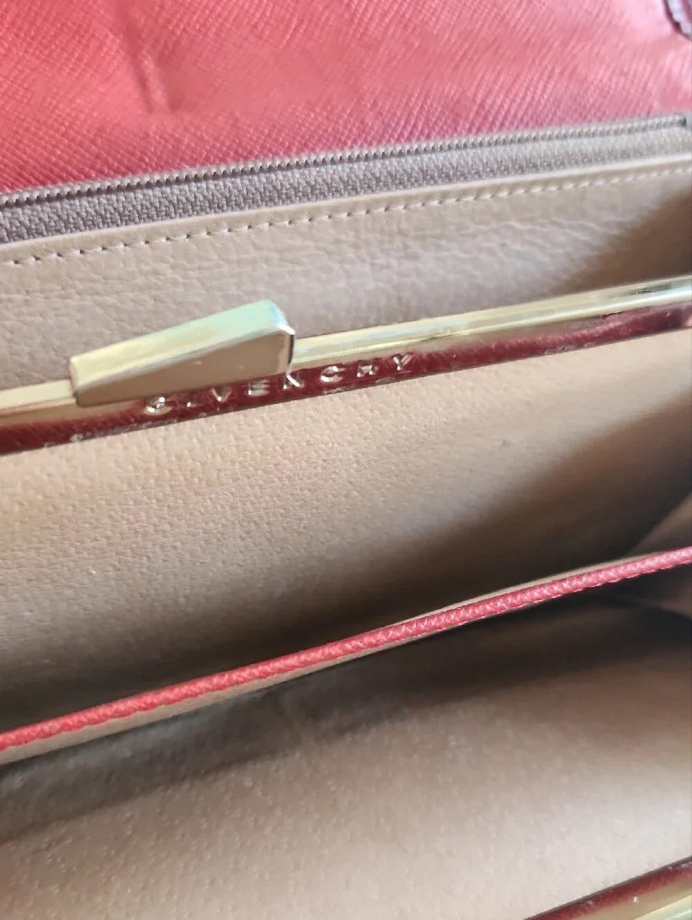 Givenchy Red Textured Leather Long Wallet with Gold Corner Accents